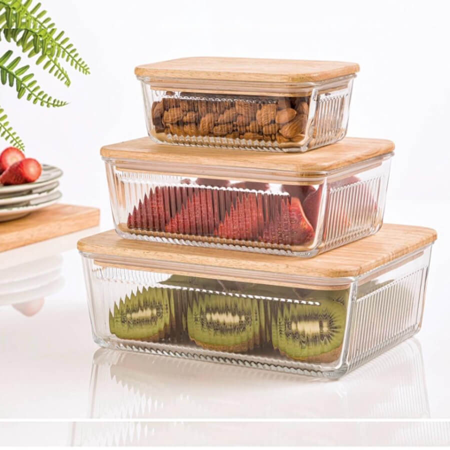 ظرف نگهدارنده لیمون شیشهای با درب چوبی ظرف نگهدارنده لیمون با بدنه شیشهای و درب چوبی شیاردار در سه سایز