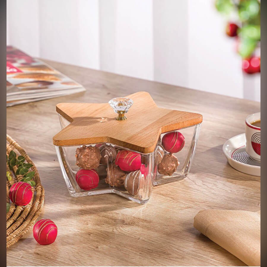 شکلاتخوری ستارهای شیشهای با درب چوبی شکلاتخوری ستارهای شیشهای با درب چوبی زیبا