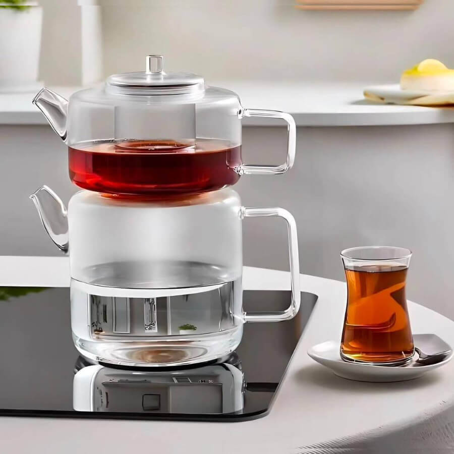 ست کتری و قوری پیرکس کتری و قوری پیرکس شفاف با حجم ۱۰۰۰ و ۱۸۰۰ میلیلیتر