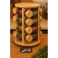 استند ادویه گردان چوبی با شیشه پیرکس و درب بامبو