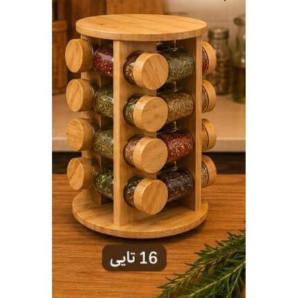 استند ادویه گردان چوبی با شیشه پیرکس و درب بامبو
