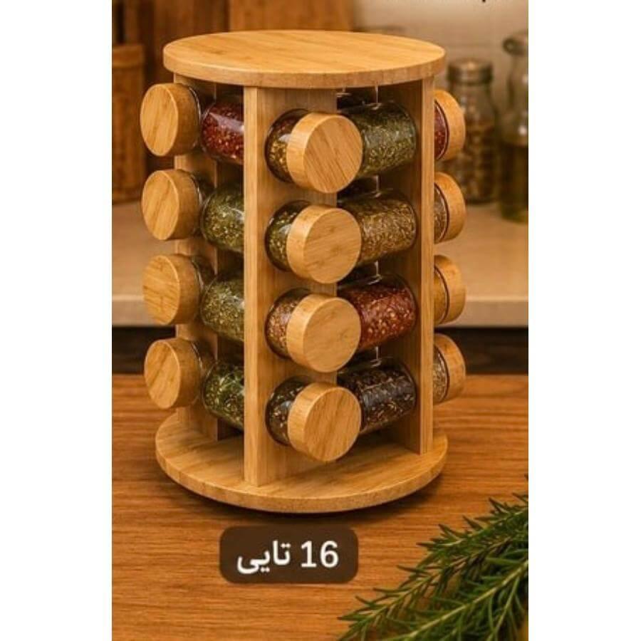 استند ادویه گردان چوبی با شیشه پیرکس استند ادویه گردان چوبی با شیشه پیرکس و درب بامبو
