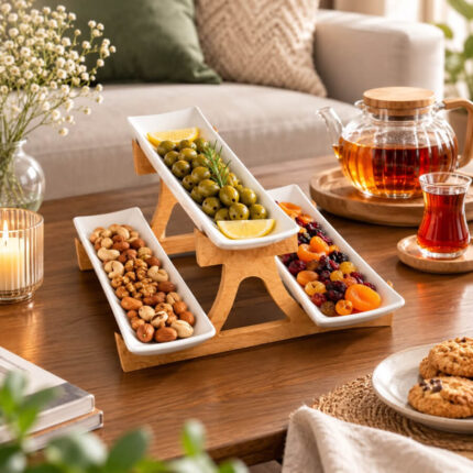 اردو سه طبقه پایه چوبی با ظروف چینی درجه یک