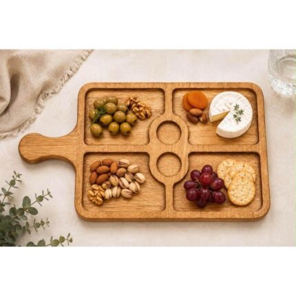 سینی مزه چوبی دسته‌دار با ۶ بخش مجزا برای سرو اردو و تنقلات