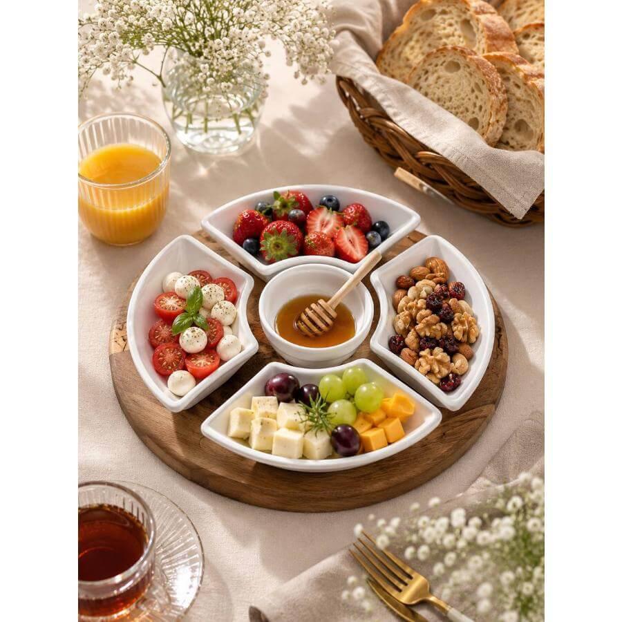 اردوخوری گرد پنج بخشی سرامیکی با پایه چوبی مناسب پذیرایی