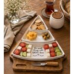 اردوخوری مثلثی سه بخشی مدل کاج از جنس سرامیک با پایه چوبی
