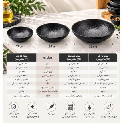 کاسه منحنی سزار ملامین مشکی در سه سایز ۱۷، ۲۰ و ۳۰ سانتی‌متر